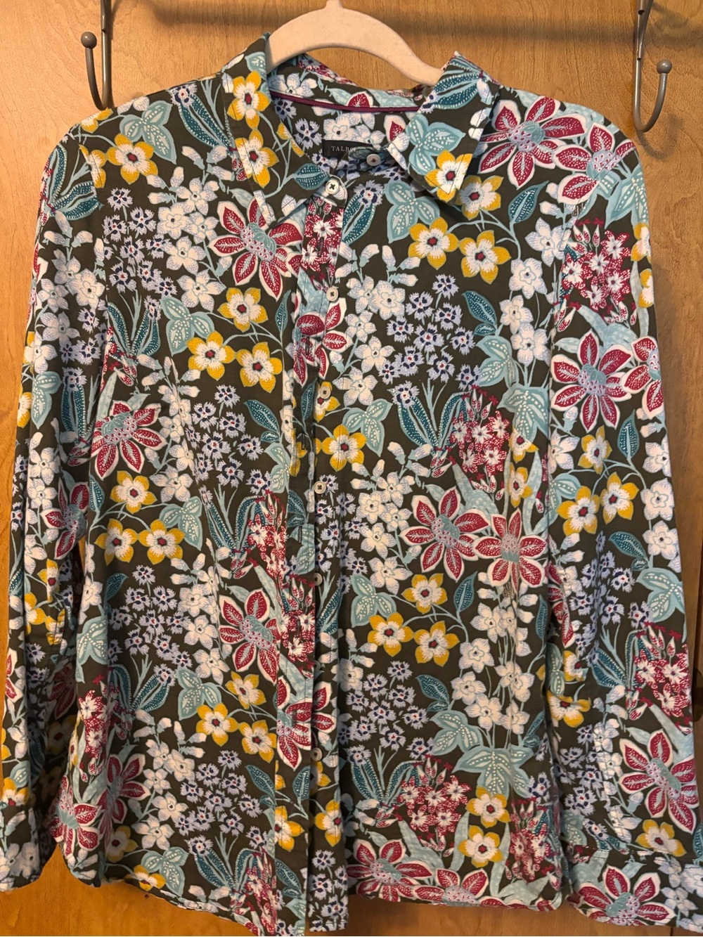 Talbots Floral Button-Down Shirt in Olive with Yellow, Red and Teal Accents
